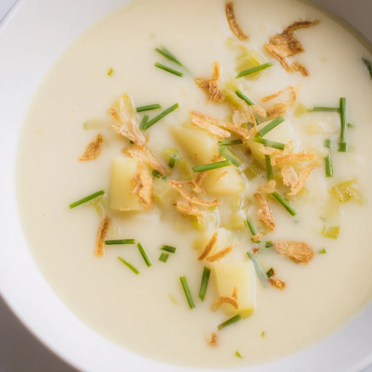 Creamy Irish Potato Leek Soup with Crispy Leeks garnished with golden, crunchy toppings and fresh chives.