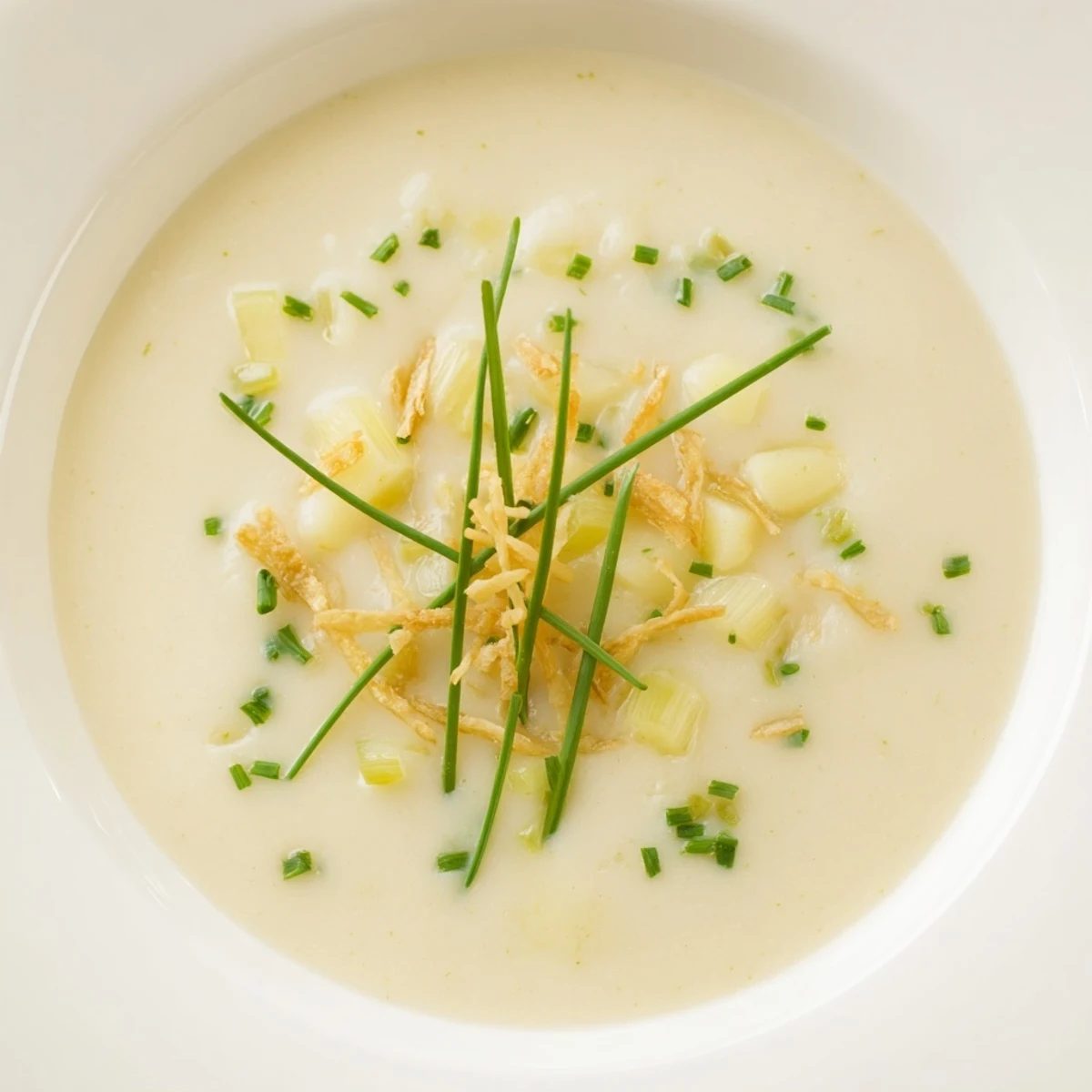 A bowl of Irish Potato Leek Soup with Crispy Leeks next to rustic bread on a wooden table.