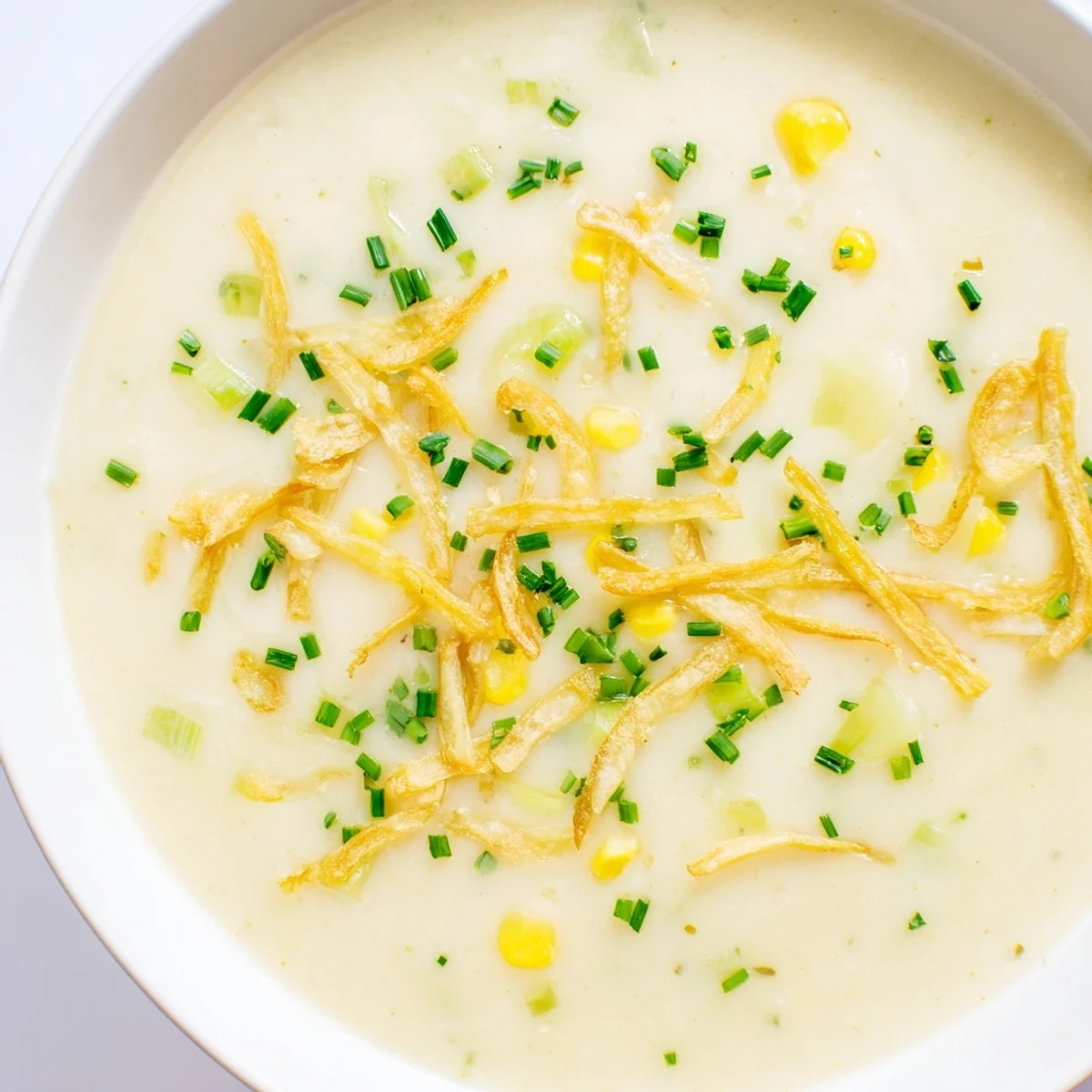 Golden, crispy leeks topping a hot bowl of Irish Potato Leek Soup served with fresh herbs.