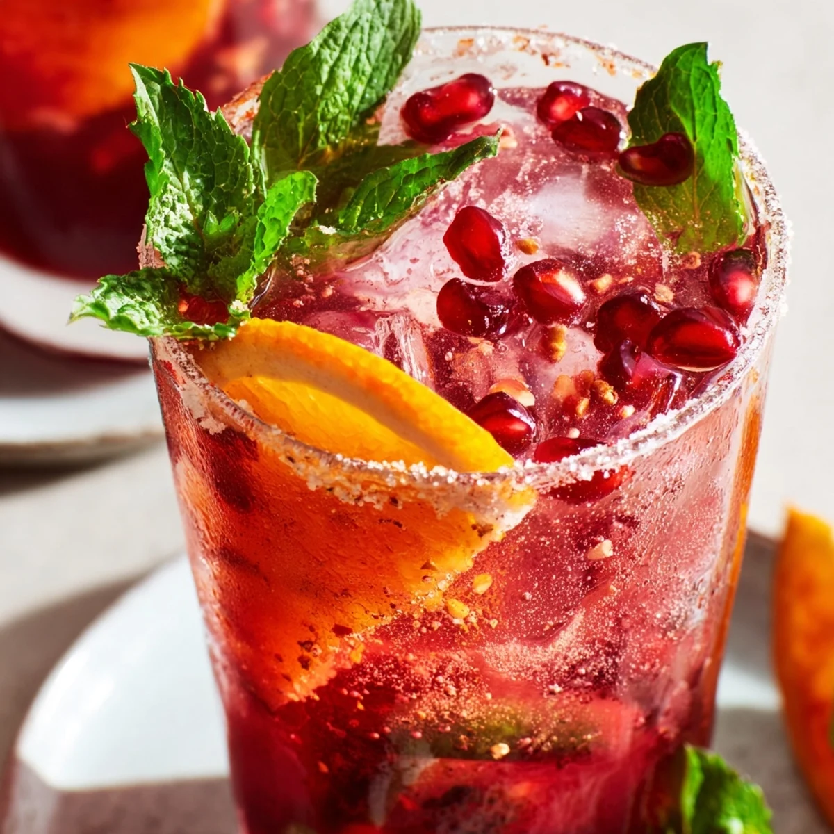 Two elegant glasses of Love Potion Pomegranate Mocktail Fizz, garnished with fresh mint and vibrant orange slices.