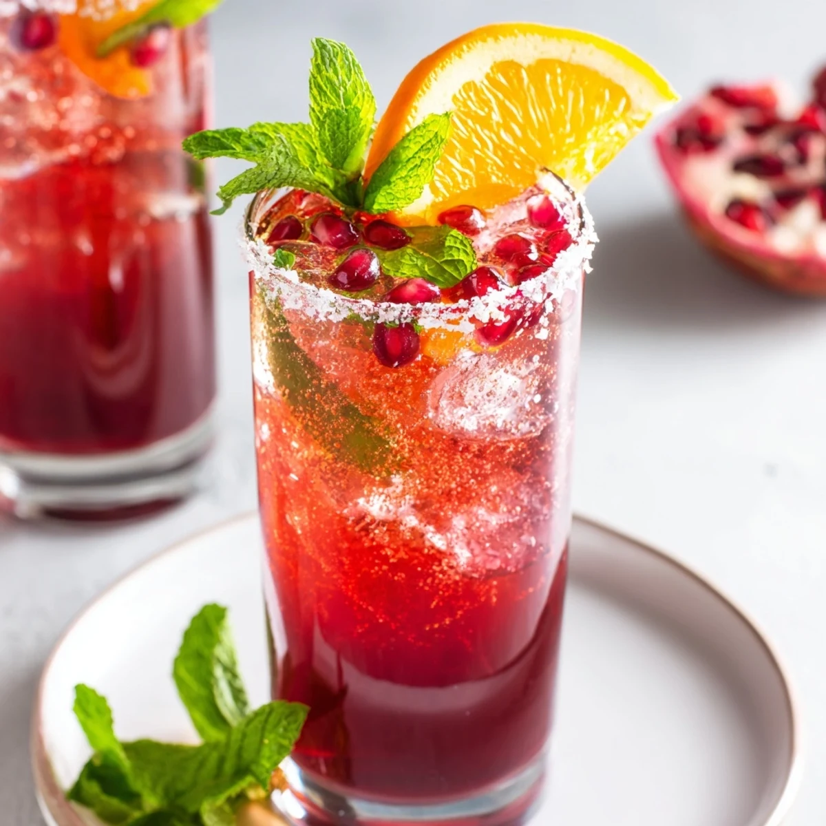A chilled Love Potion Pomegranate Mocktail Fizz in a coupe glass, bubbling with ice and topped with fresh mint leaves.