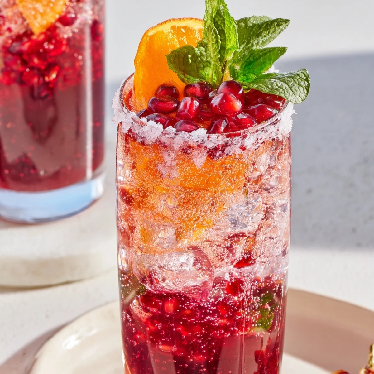 This vegan Love Potion Pomegranate Mocktail Fizz features ruby red juice and a sparkling fizz, perfect for a romantic evening.