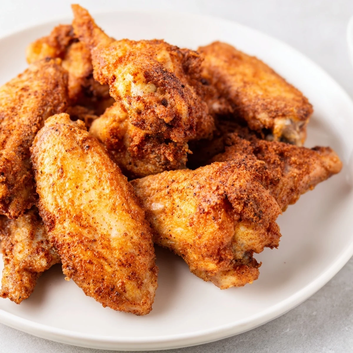 Sauced Tailgate Crispy Air Fryer Chicken Wings tossed in a spicy buttery hot sauce, ready for a game-day snack.