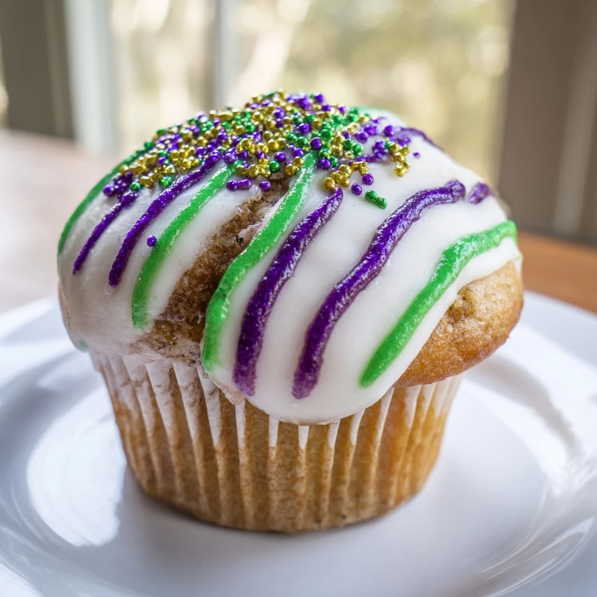 Freshly baked Mardi Gras King Cake Cupcakes, moist vanilla crumb, cinnamon swirl, topped with bright icing.