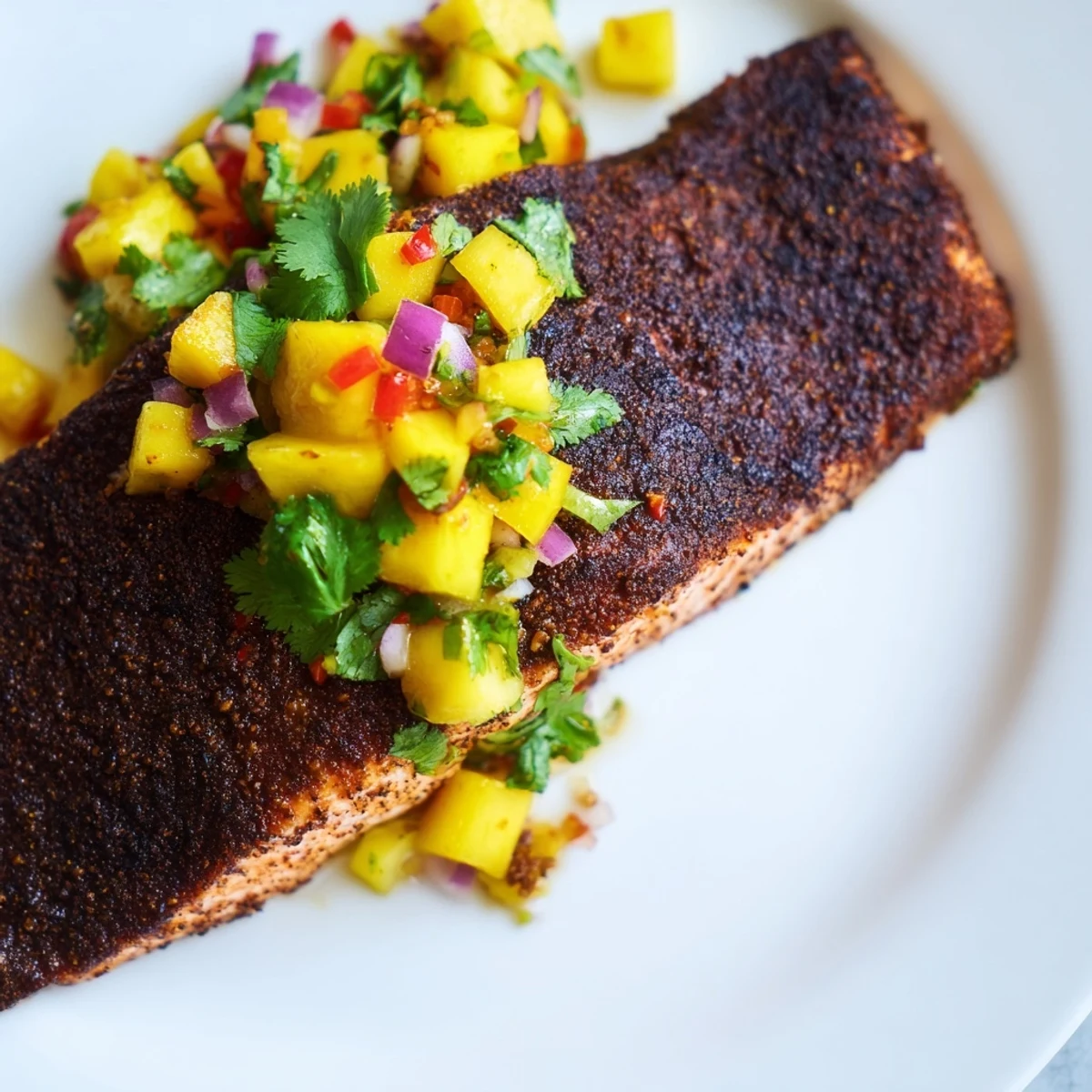 Perfectly seared Cajun Blackened Salmon with mango salsa, served warm on a plate with vibrant lime and cilantro garnish.
