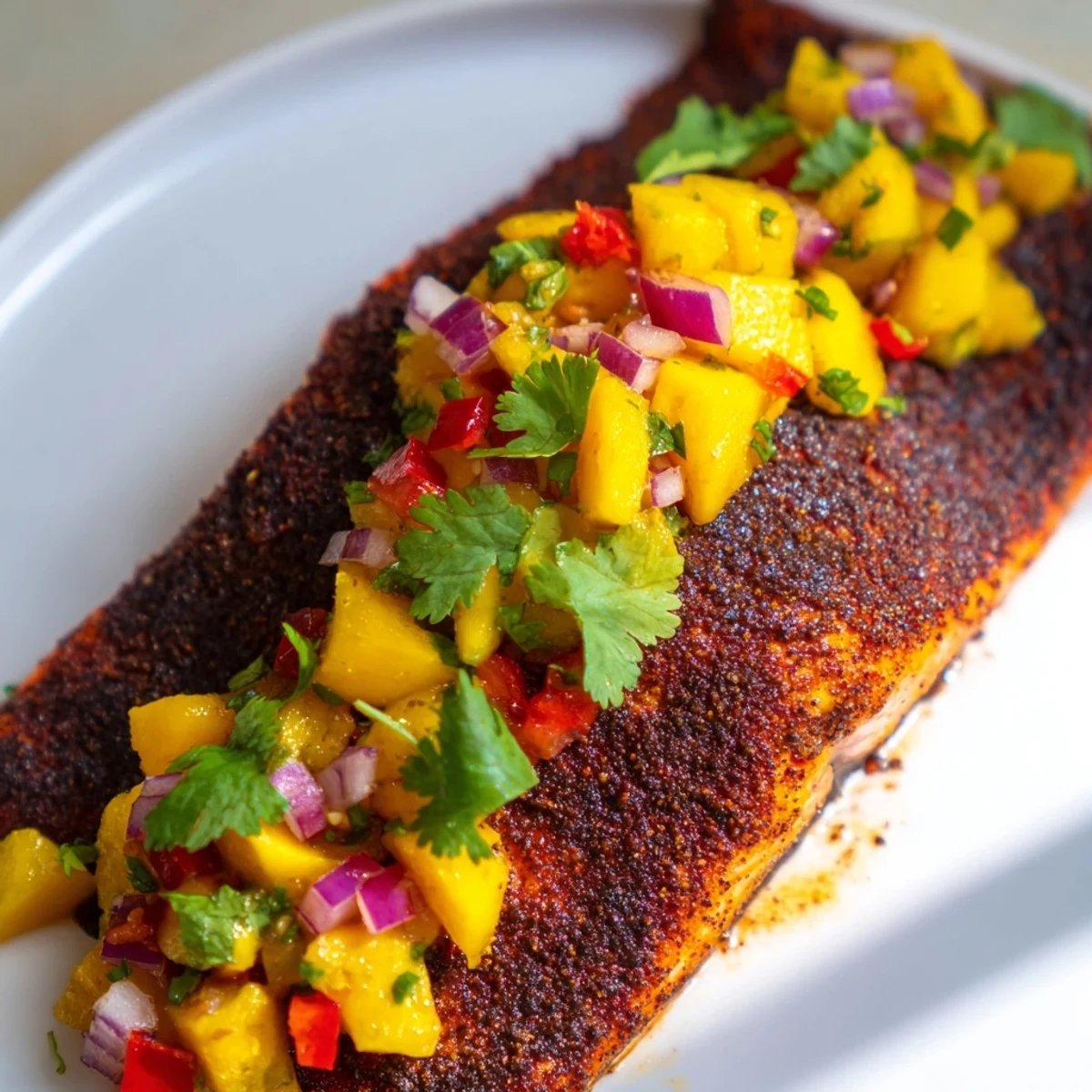 Cajun Blackened Salmon fillets with a crispy spice crust and sweet mango salsa, resting on a white dinner plate.