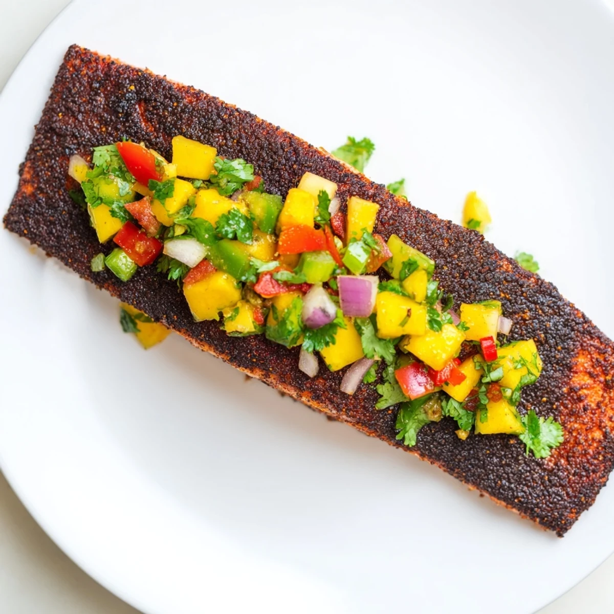 Spicy Cajun Blackened Salmon topped with fresh mango salsa, garnished with lime wedges and cilantro for a bright contrast.