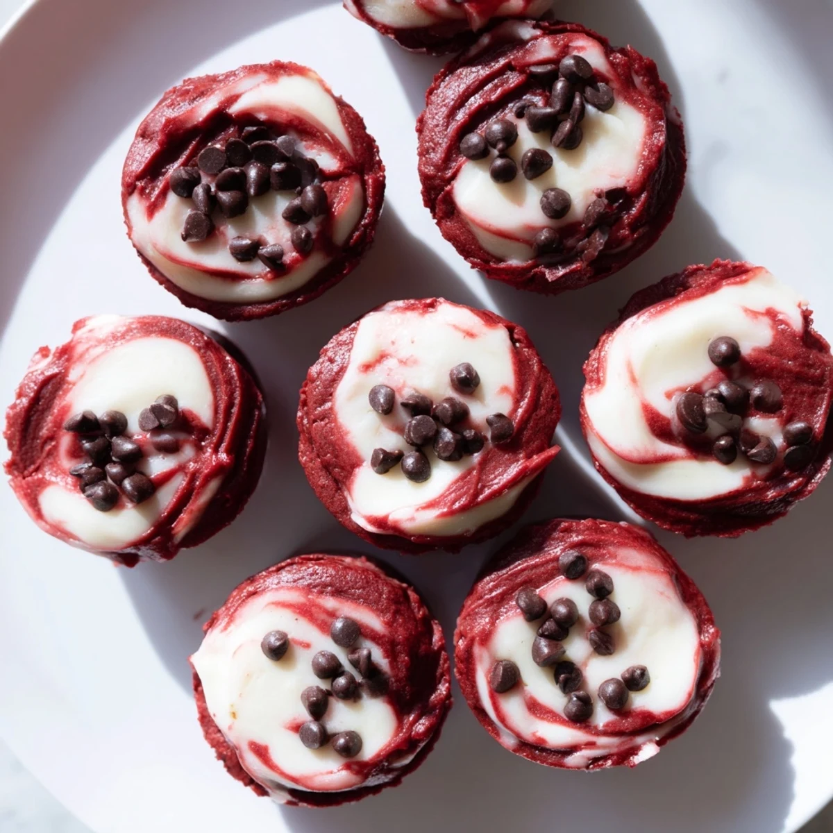 Stacked Red Velvet Cheesecake Brownie Bites with visible marbled swirls, perfect for a party dessert platter.