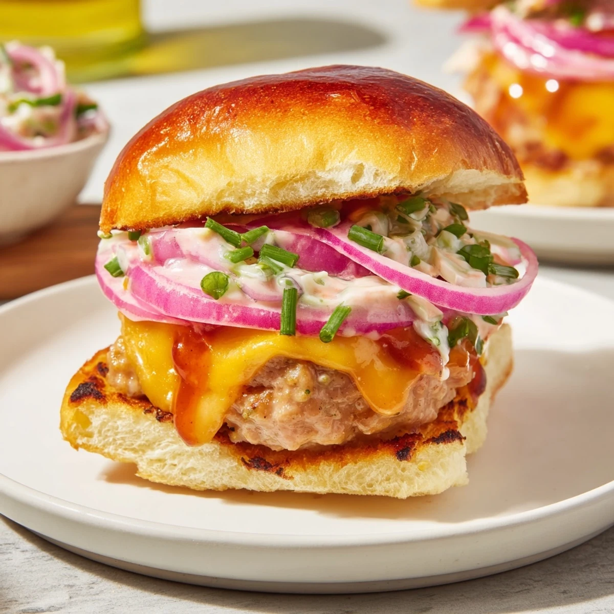 Stack of Big Game BBQ Beef Sliders on Brioche with slaw, served on a platter.
