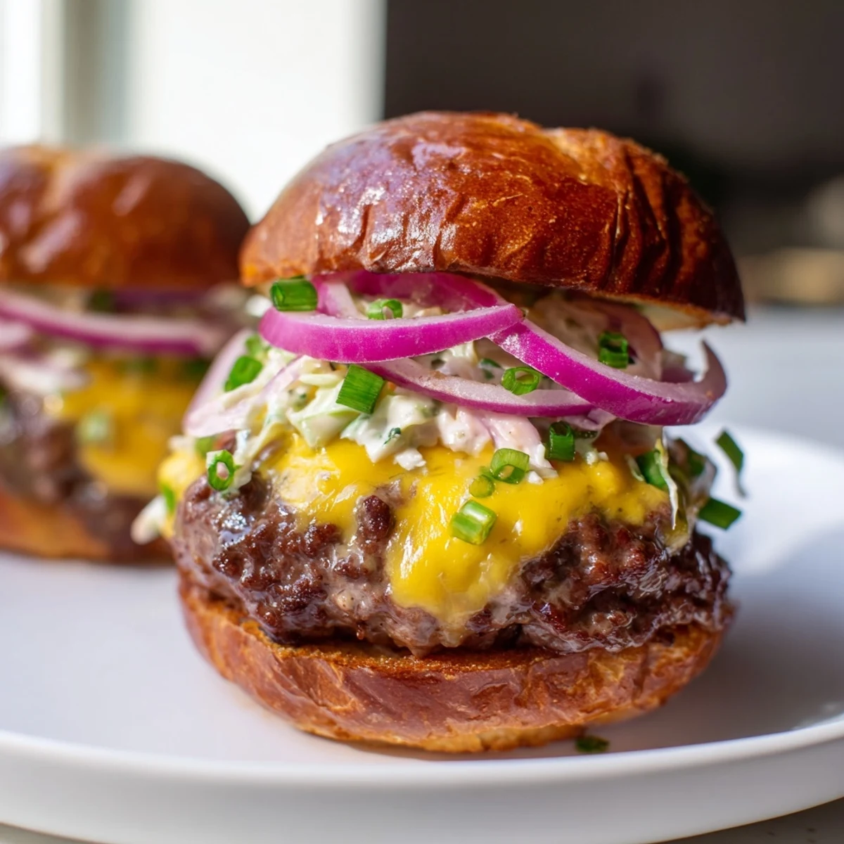 Golden-brown Big Game BBQ Beef Sliders on Brioche buns with melted cheddar and onion.
