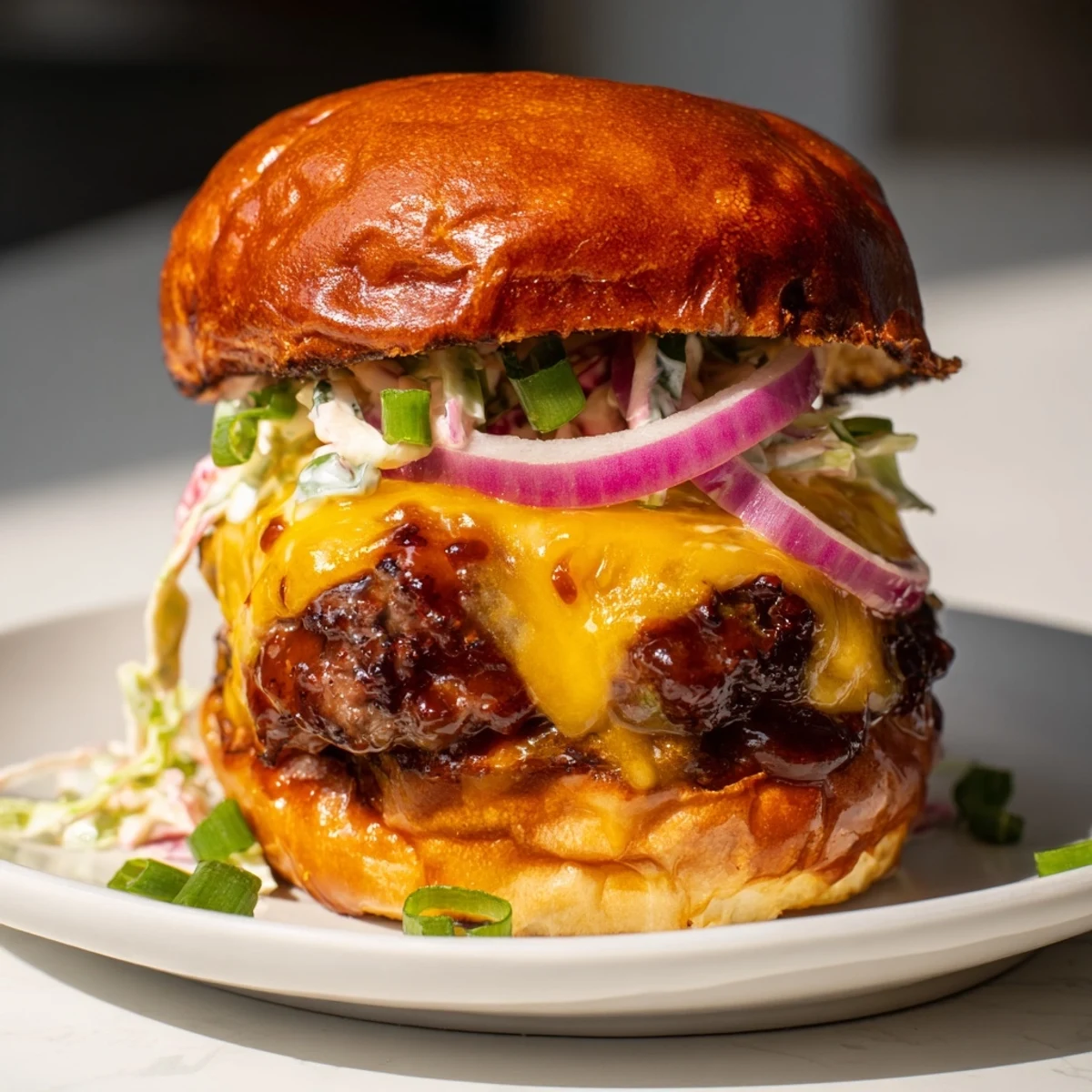 Close-up of a Big Game BBQ Beef Sliders on Brioche with pickles and fresh chives.