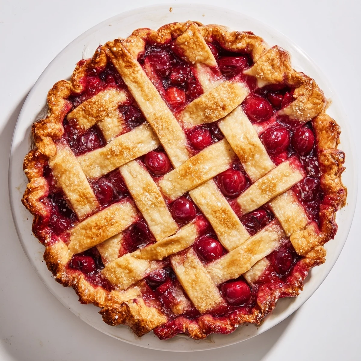 Slice of Sweetheart Cherry Pie with a buttery lattice top and sweet-tart cherry filling, plated with a dollop of vanilla ice cream.