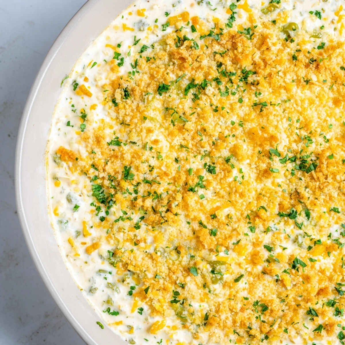 Golden brown Super Bowl Jalapeño Popper Dip bubbling in a baking dish, topped with crispy Panko breadcrumbs and fresh parsley.