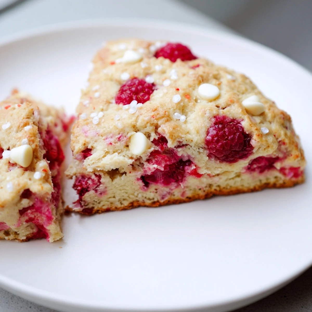 Freshly baked Raspberry White Chocolate Scones on a rustic wooden board, showcasing juicy red berries and creamy white chocolate chunks inside.