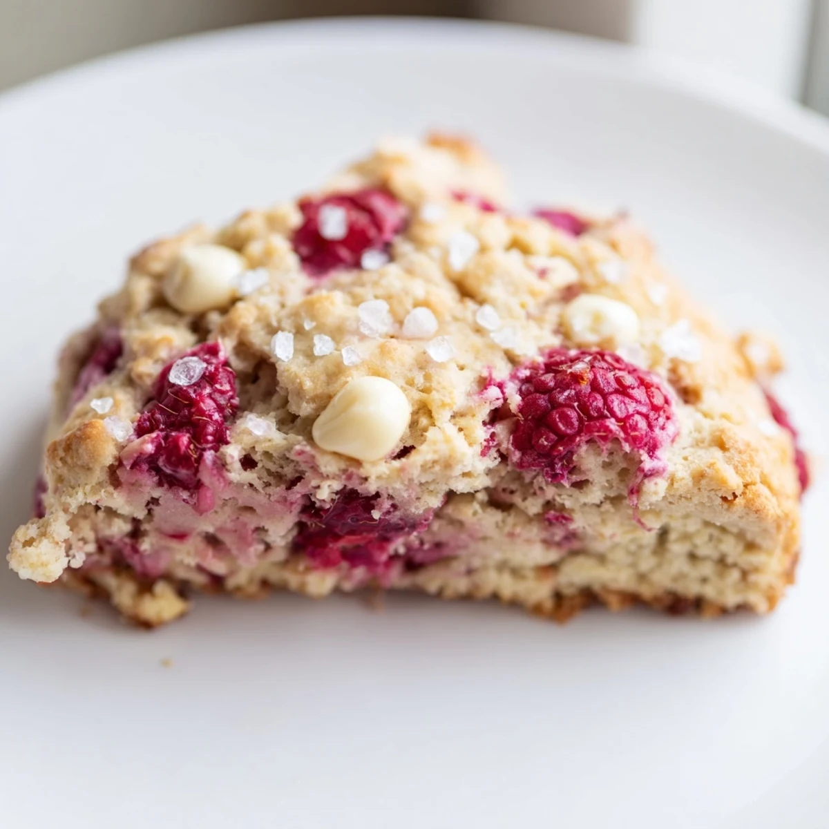 Close-up view of Raspberry White Chocolate Scones revealing tender crumb, ruby raspberries, and melted white chocolate pieces.
