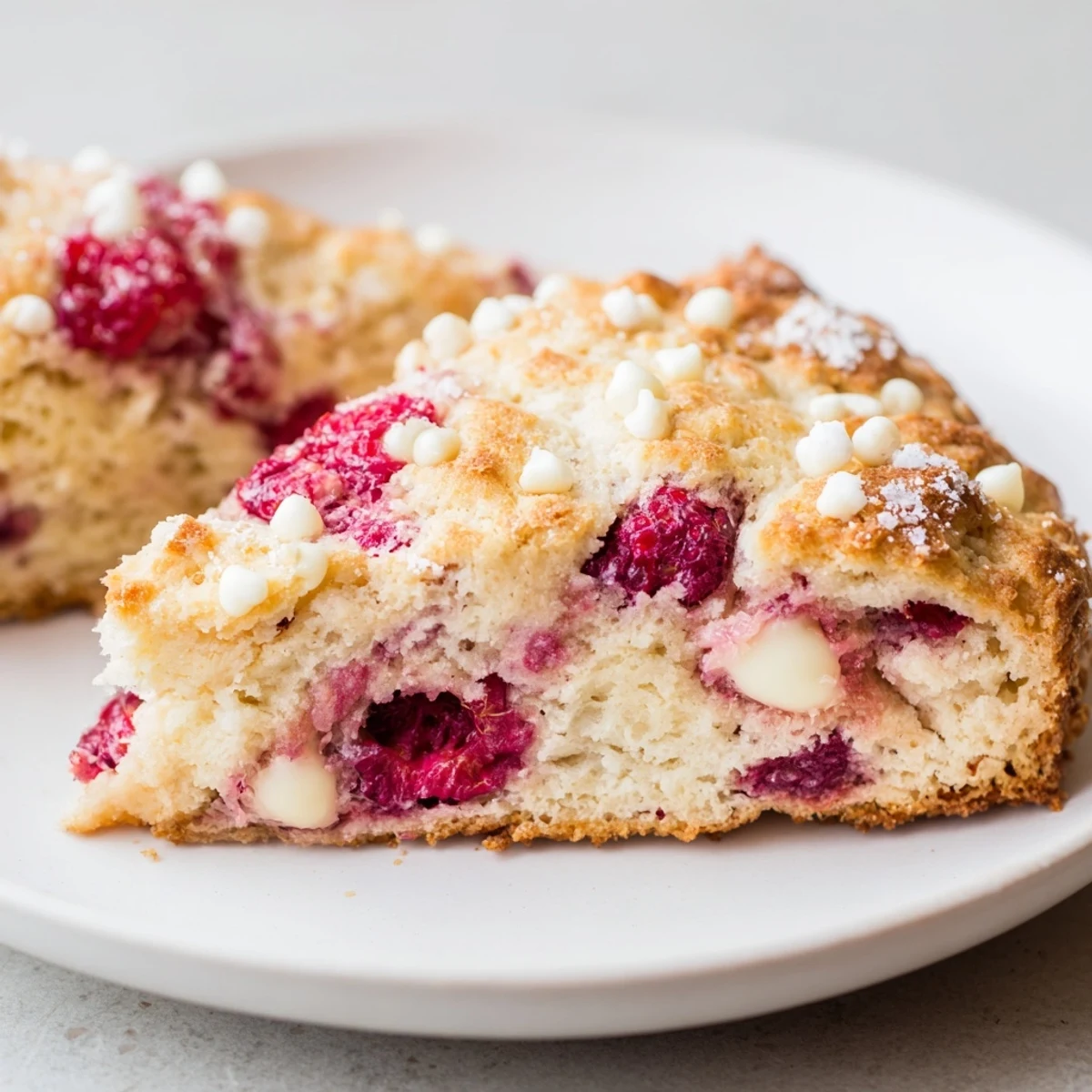 A warm, golden Raspberry White Chocolate Scone with a crumbly texture, served on a white plate ready for breakfast.
