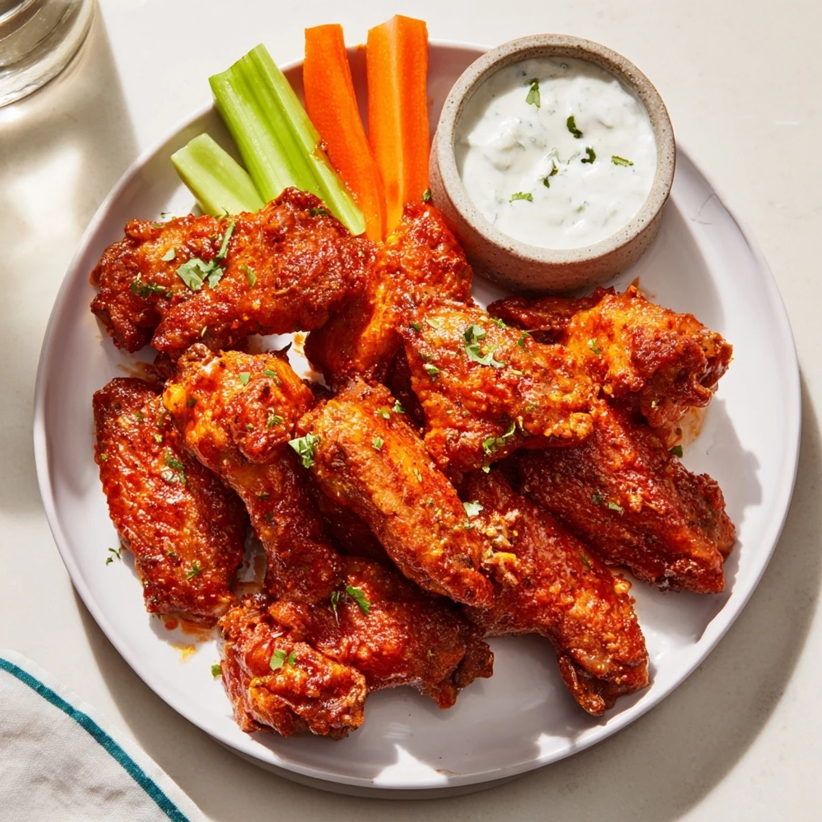Touchdown Spicy Wings with Ranch resting on a wire rack, showing golden crispy skin ready for saucing. 