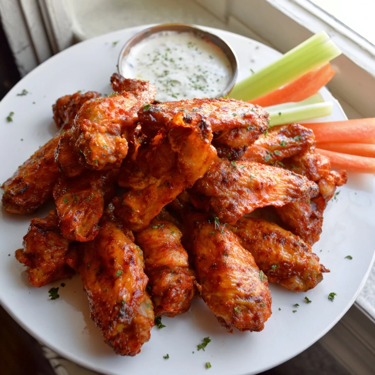 Hot sauce butter glaze being poured over golden brown Touchdown Spicy Wings with Ranch in a mixing bowl. 