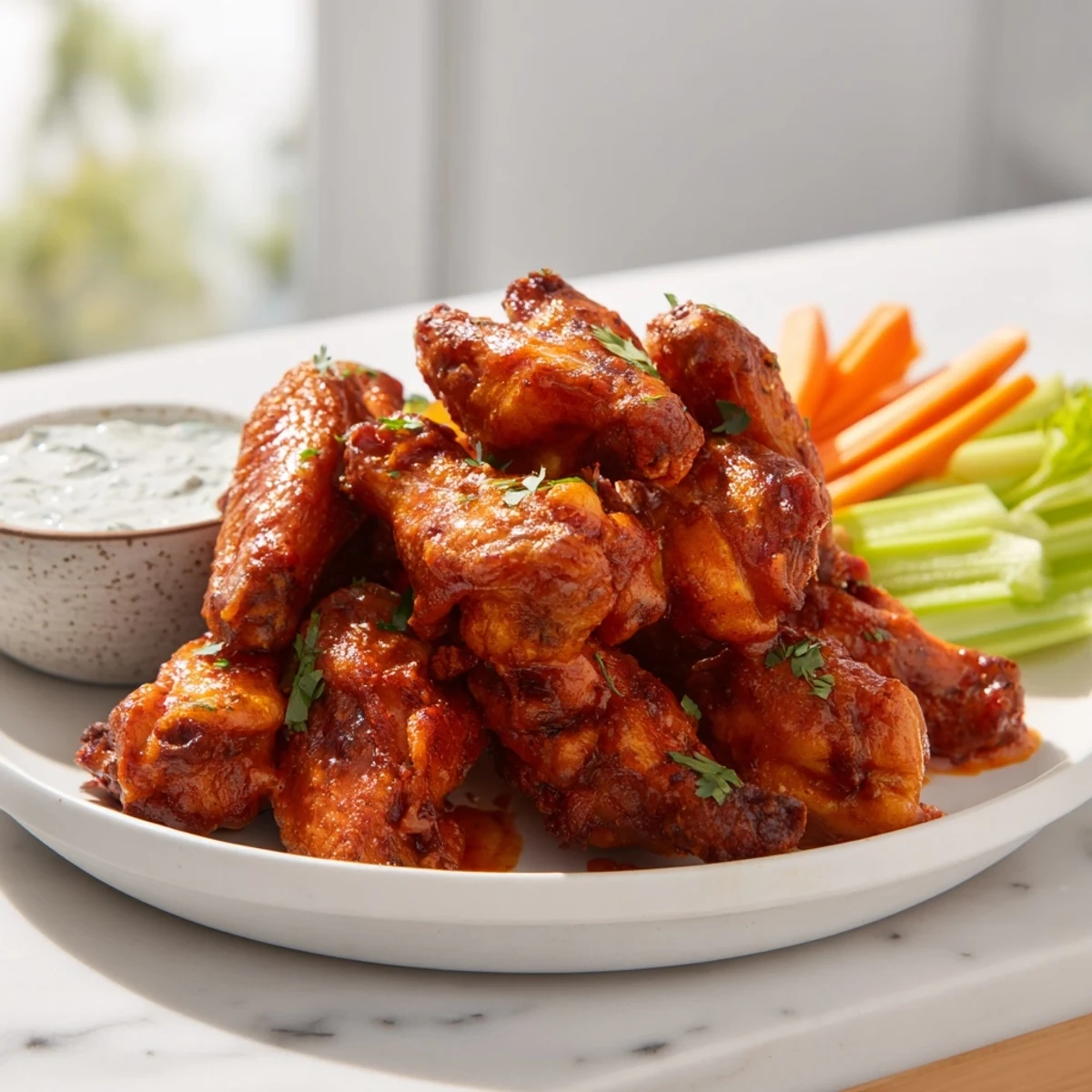 Platter of Touchdown Spicy Wings with Ranch served with creamy dip and fresh vegetable sticks for game day.