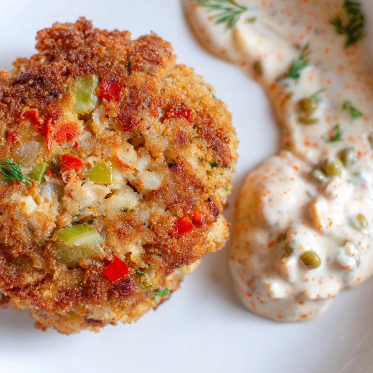 Golden, crispy Cajun Crab Cakes with Remoulade Sauce sit beside a lemon wedge and fresh parsley garnish on a rustic plate.