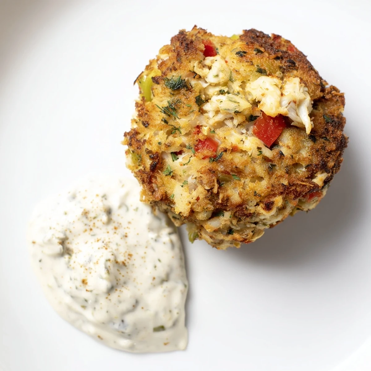 Close-up of a fork breaking into a tender Cajun Crab Cake with Remoulade Sauce, revealing flaky crab inside and a crispy crust.