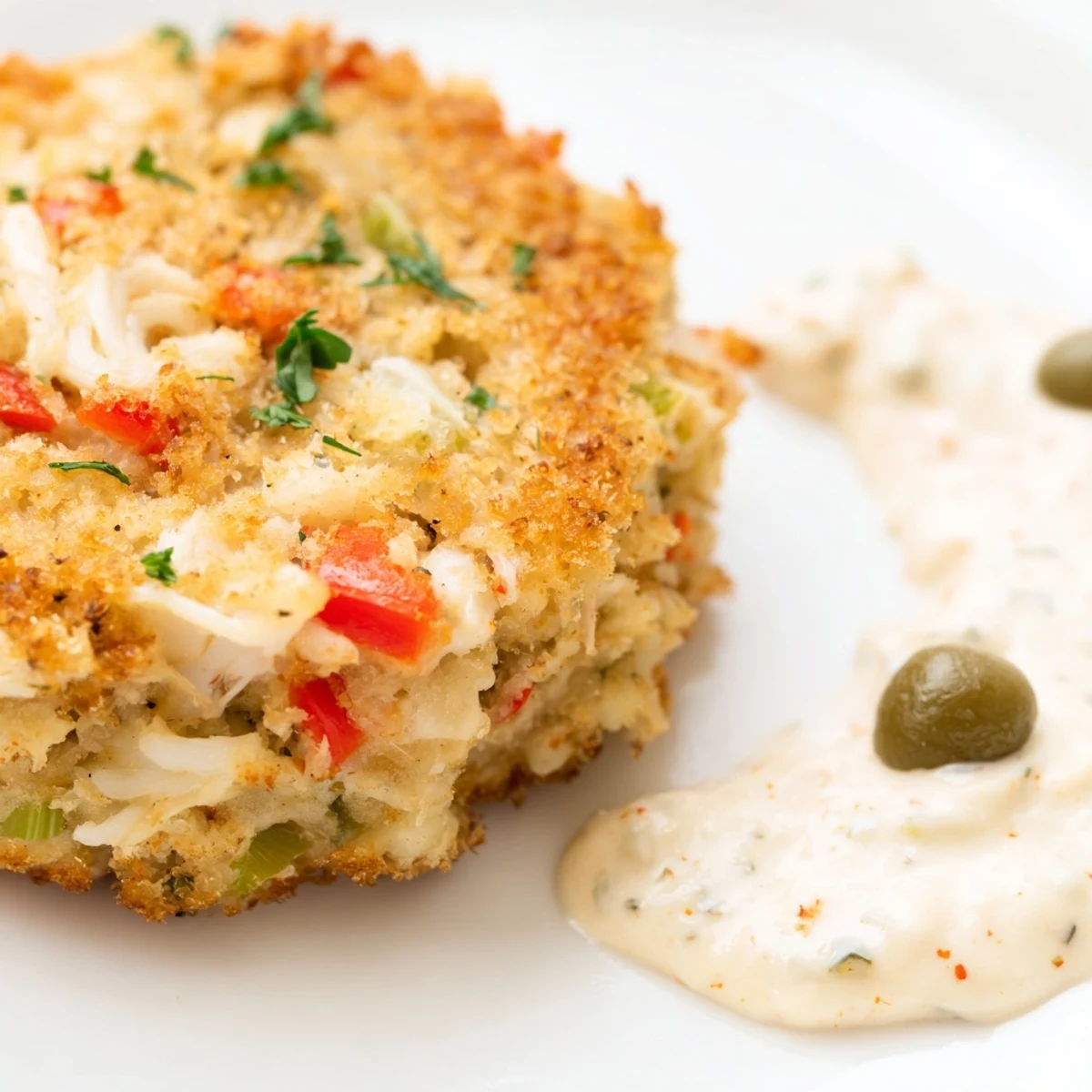 A platter of golden-brown Cajun Crab Cakes with Remoulade Sauce, served on a wooden board with lemon wedges and dill pickles.