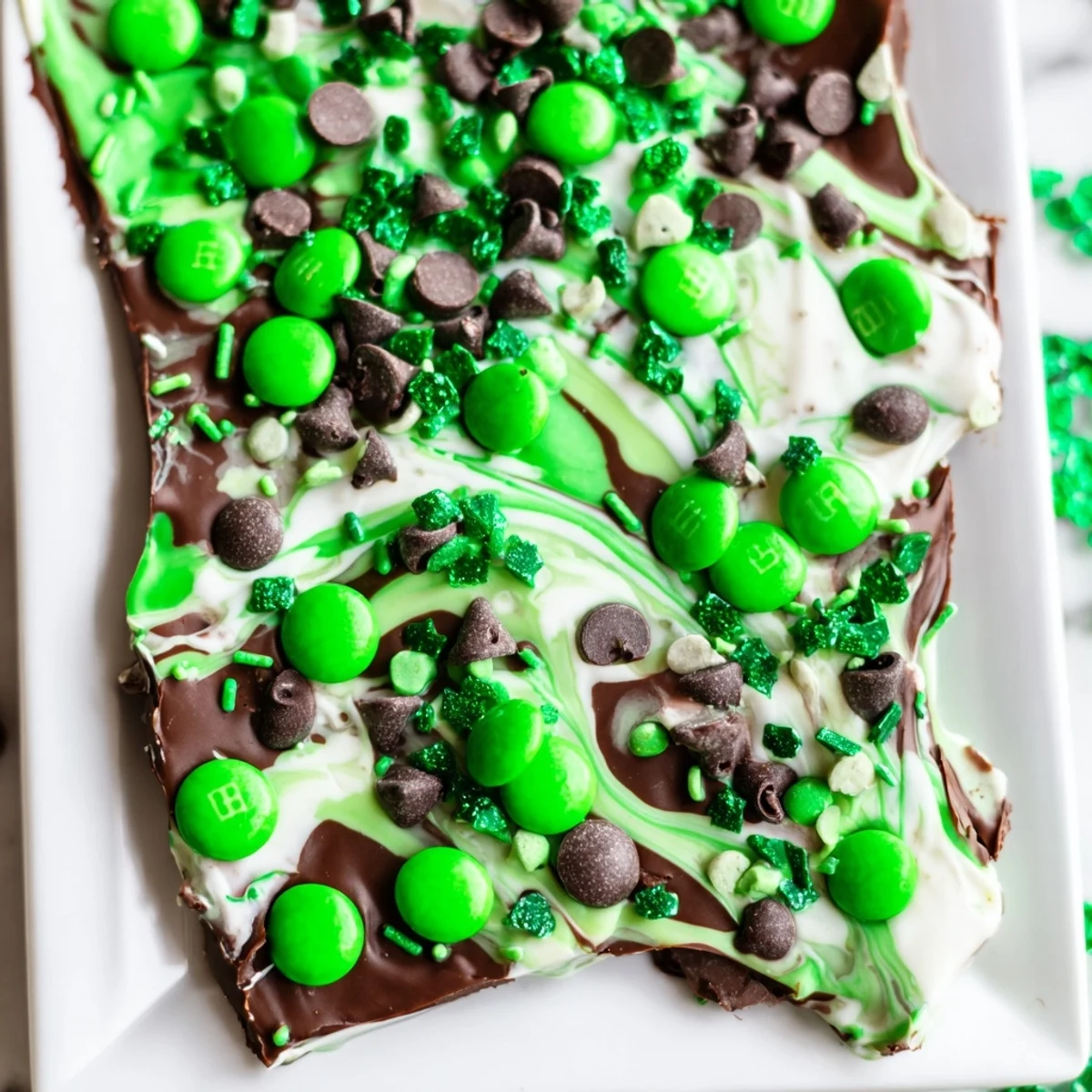 Glossy St. Patricks Day Mint Chocolate Bark broken into pieces, topped with green M&Ms and festive sprinkles for a sweet holiday treat.