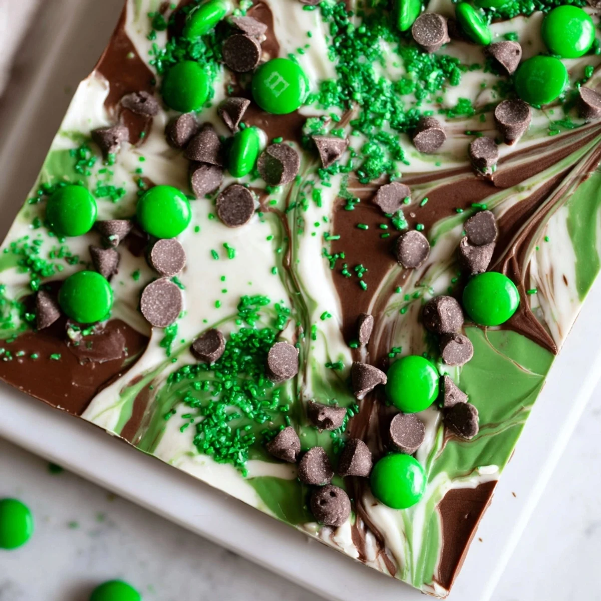 Enjoy a serving of St. Patricks Day Mint Chocolate Bark on a festive plate, the perfect green dessert for any St. Patrick's party.