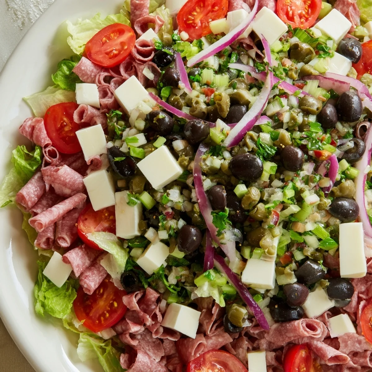 Bright and colorful New Orleans Muffuletta Salad in a bowl, featuring chopped romaine topped with cured meats, provolone, and an olive relish.