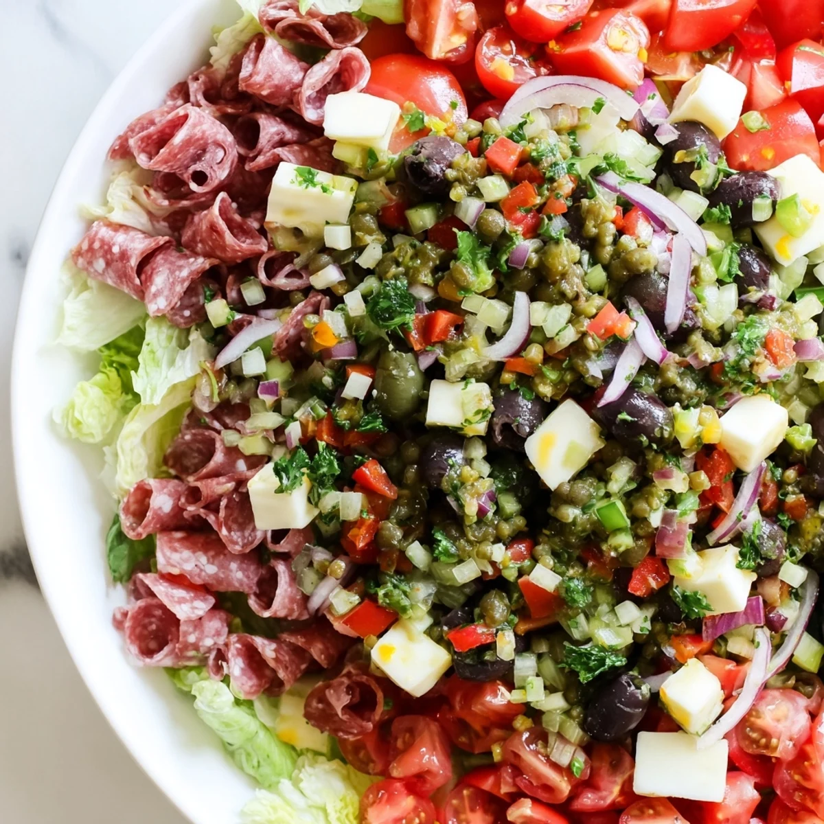 Freshly tossed New Orleans Muffuletta Salad with salami, mozzarella, and red onion, garnished with torn basil and served ready for a picnic.