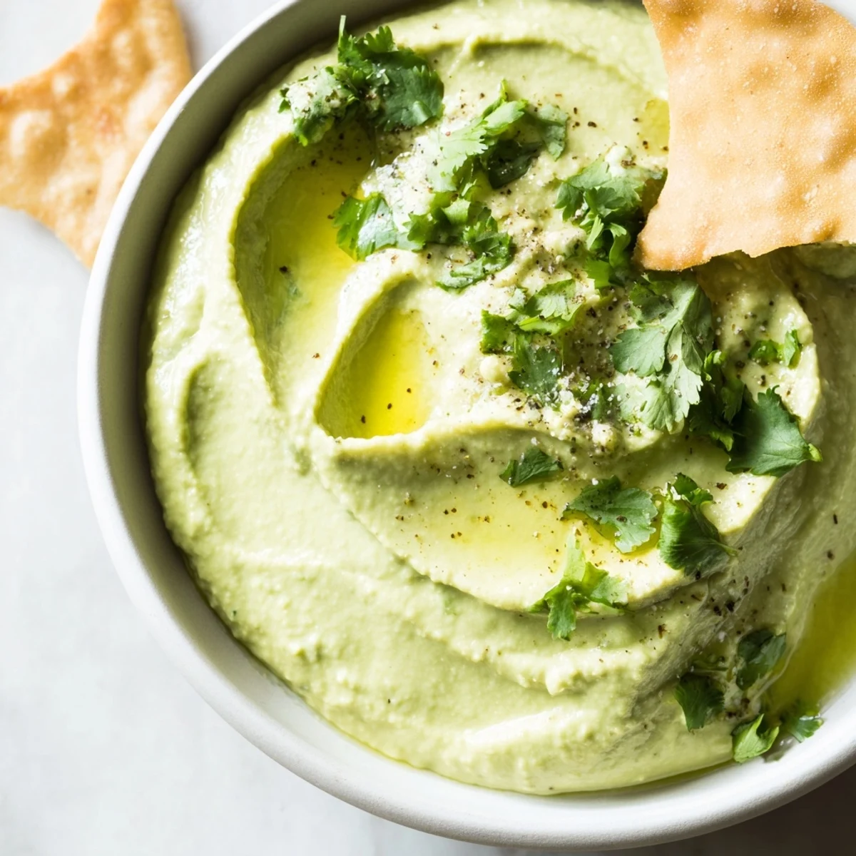 Creamy, herb-flecked Green Avocado Hummus with Pita Chips in a white bowl, topped with olive oil.