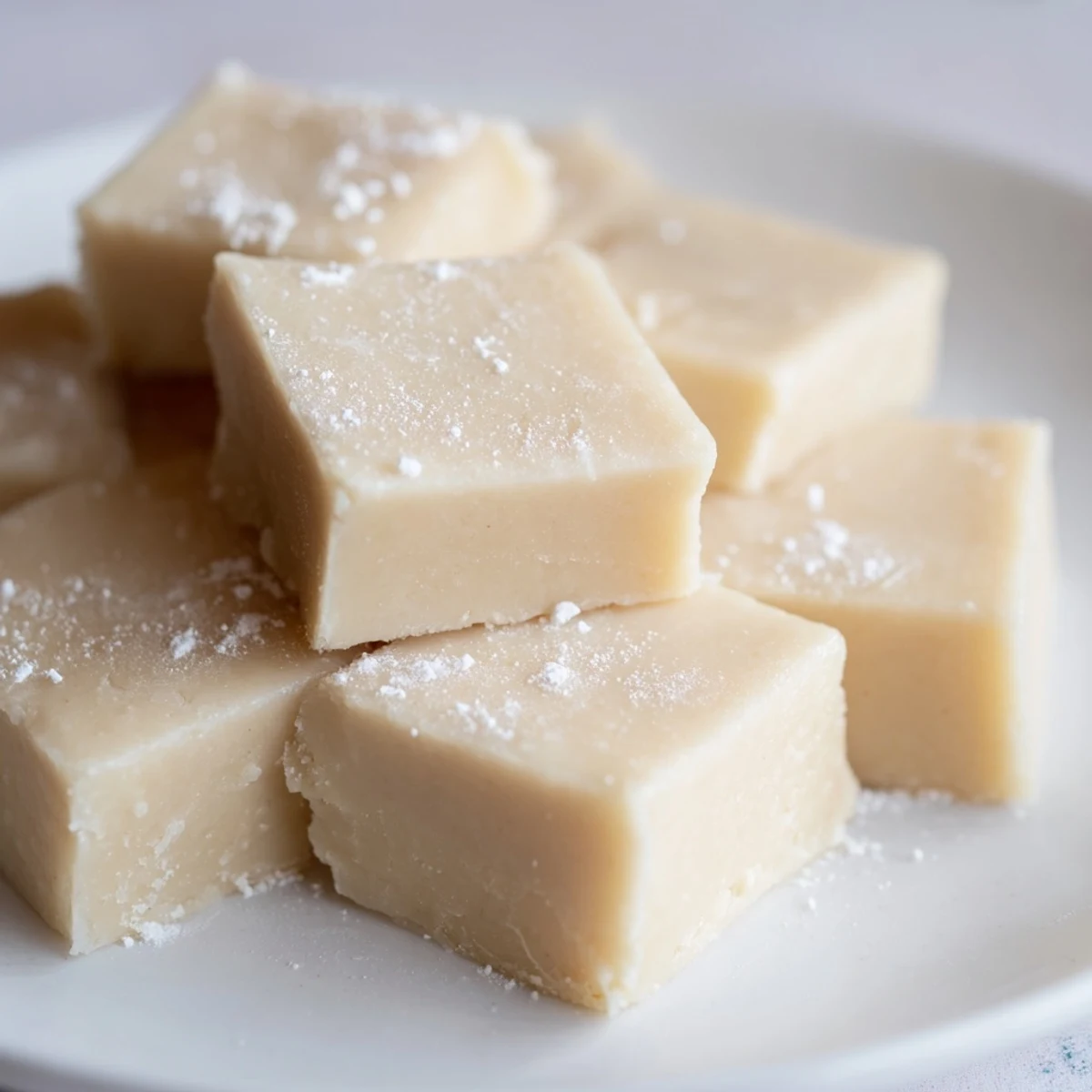 A close-up of creamy, pale beige Irish Cream Fudge without Alcohol squares, cut into neat portions and dusted with powdered sugar, arranged on a rustic wooden board for a cozy holiday dessert spread.