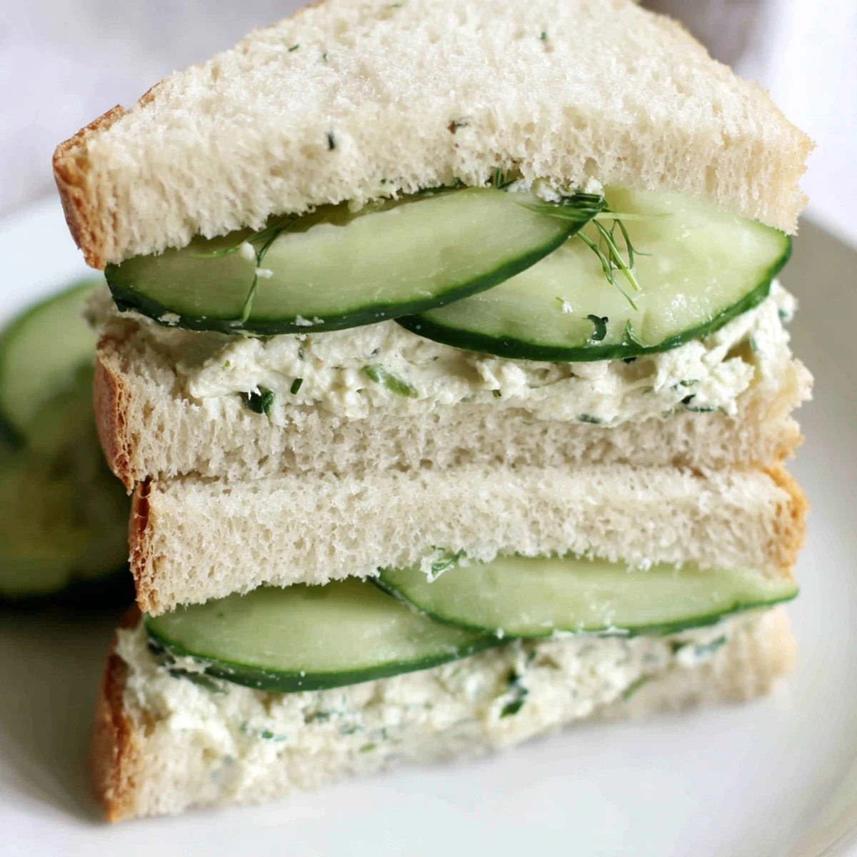 Freshly made cucumber sandwiches with herb cream cheese spread on soft, crustless bread, perfect for a tea-time snack.  