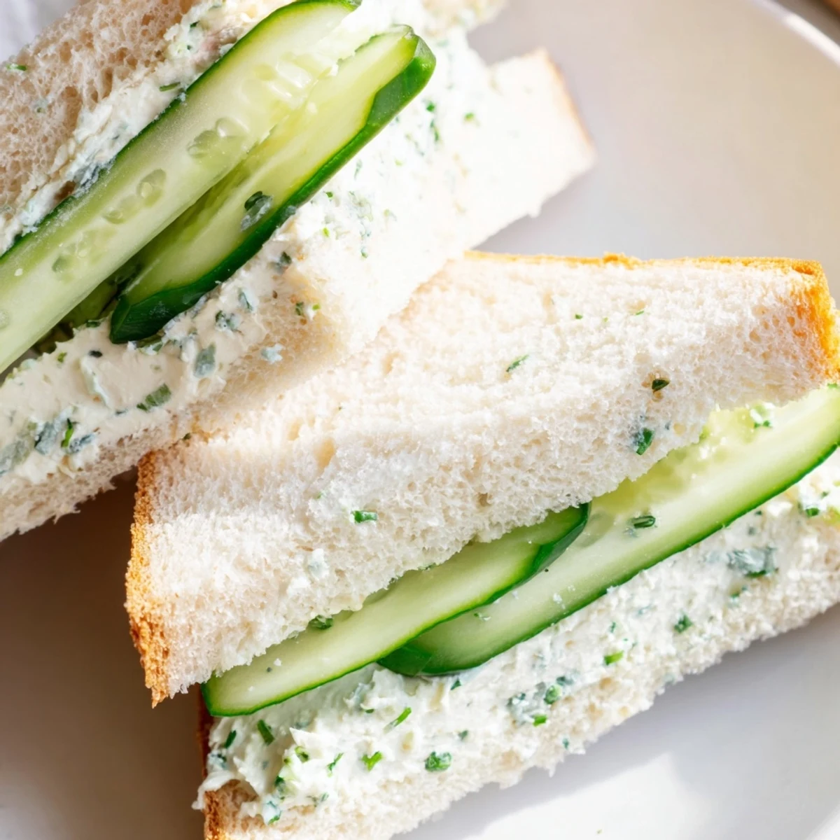 Delicate tea-time cucumber sandwiches with herb cream cheese, cut into neat triangles and arranged on a white platter.