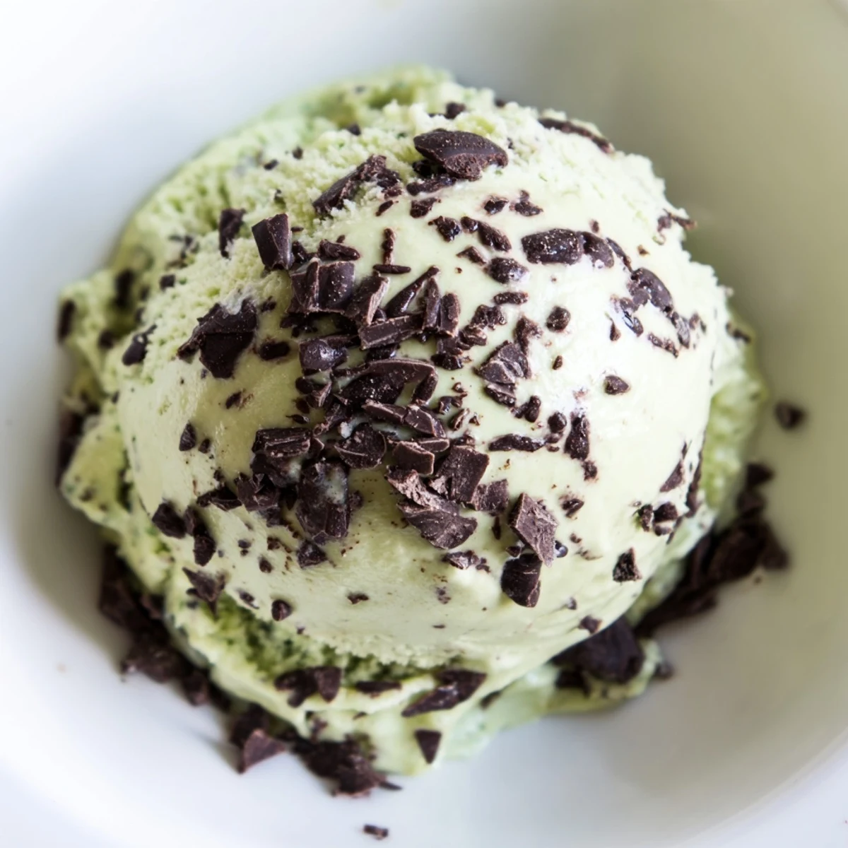 A scoop of homemade Mint Chocolate Chip Ice Cream with creamy green mint base and dark chocolate shards in a chilled dish.