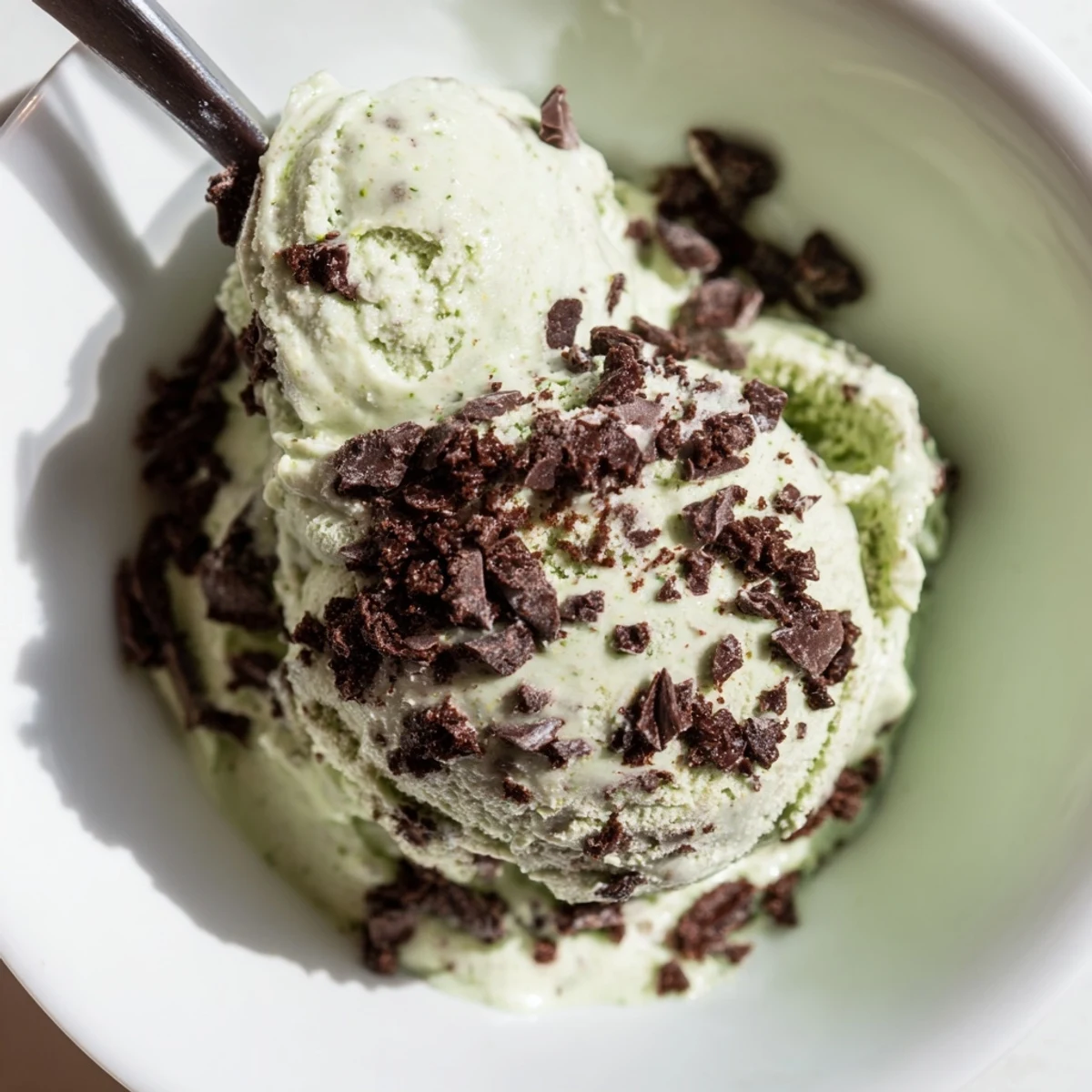 Freshly churned Mint Chocolate Chip Ice Cream showing smooth texture, minty aroma, and flecks of semisweet chocolate chips.