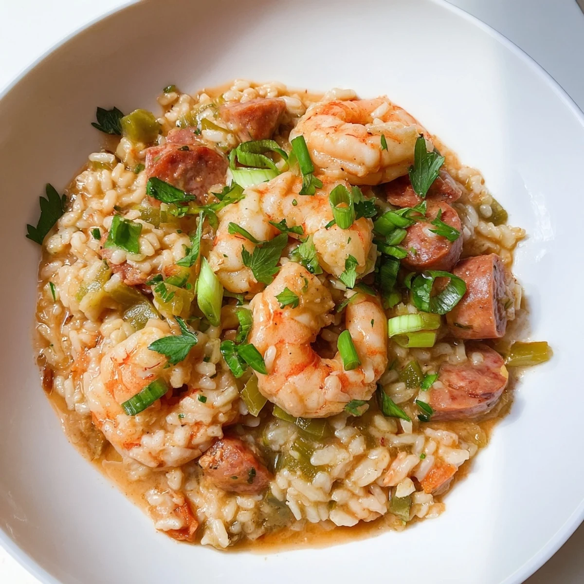 Serving suggestion for Creole Jambalaya Risotto with Shrimp, a hearty gluten-free fusion main dish topped with green onions.