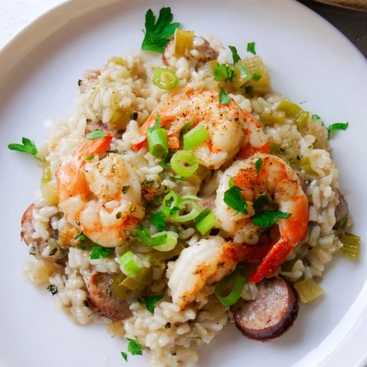 A close-up of sizzling Creole Jambalaya Risotto with Shrimp, garnished with fresh parsley and served in a rustic skillet.