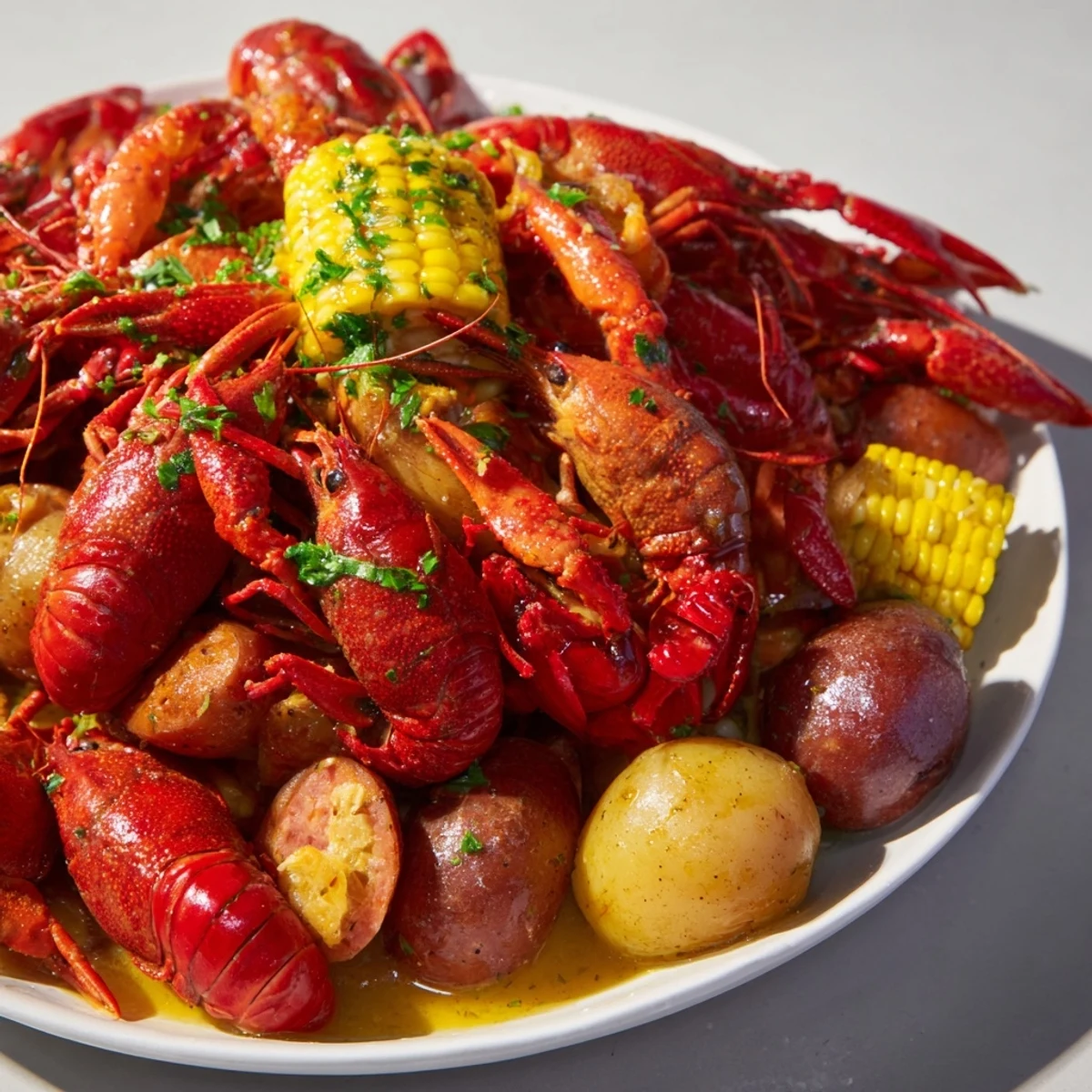 Bright red crawfish tails, golden corn cobs, and tender potatoes drenched in a spicy Louisiana boil broth on a rustic tray.  