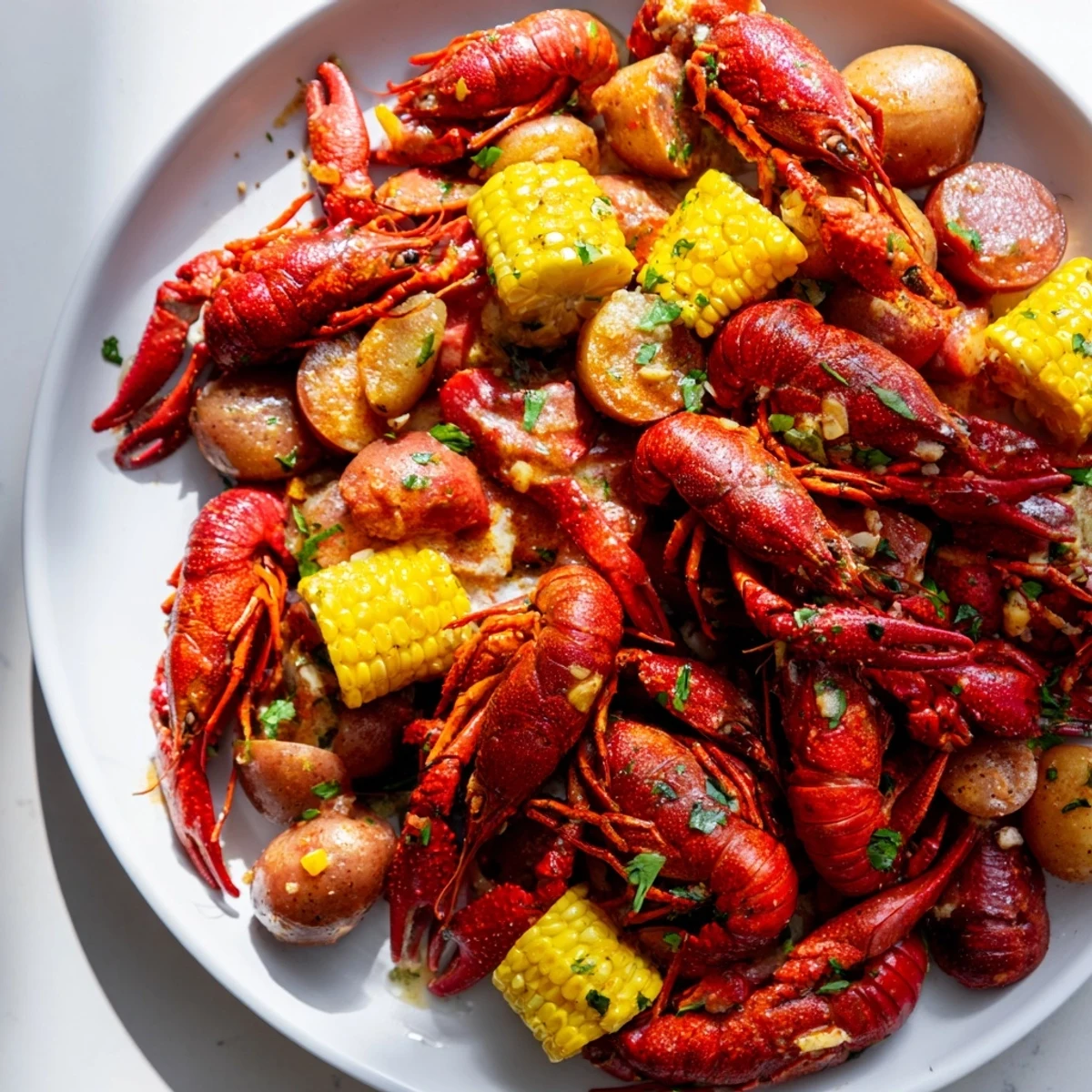 Louisiana Style Crawfish Boil with Potatoes served family-style, overflowing with andouille sausage and fresh lemon wedges for squeezing.  