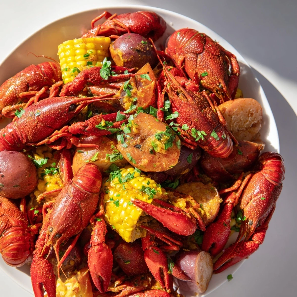A steaming platter of Louisiana Style Crawfish Boil with Potatoes, featuring plump crawfish and corn on the cob ready to eat.