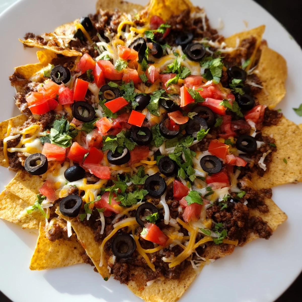 Crispy tortilla chips loaded with seasoned ground beef and melted cheddar, topped with black beans, fresh tomatoes, and jalapeños.