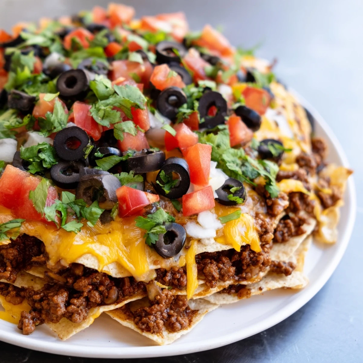 A close-up of a steaming Nacho Platter with Ground Beef and Cheese, ready for a game day feast.