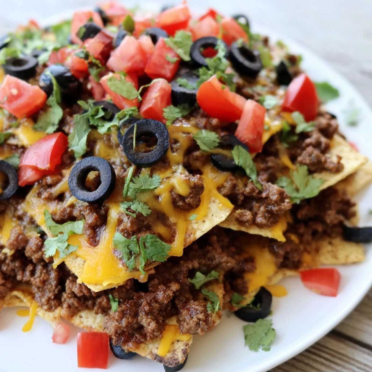 A vibrant platter of layered Nacho Platter with Ground Beef and Cheese, garnished with sour cream, guacamole, and cilantro.