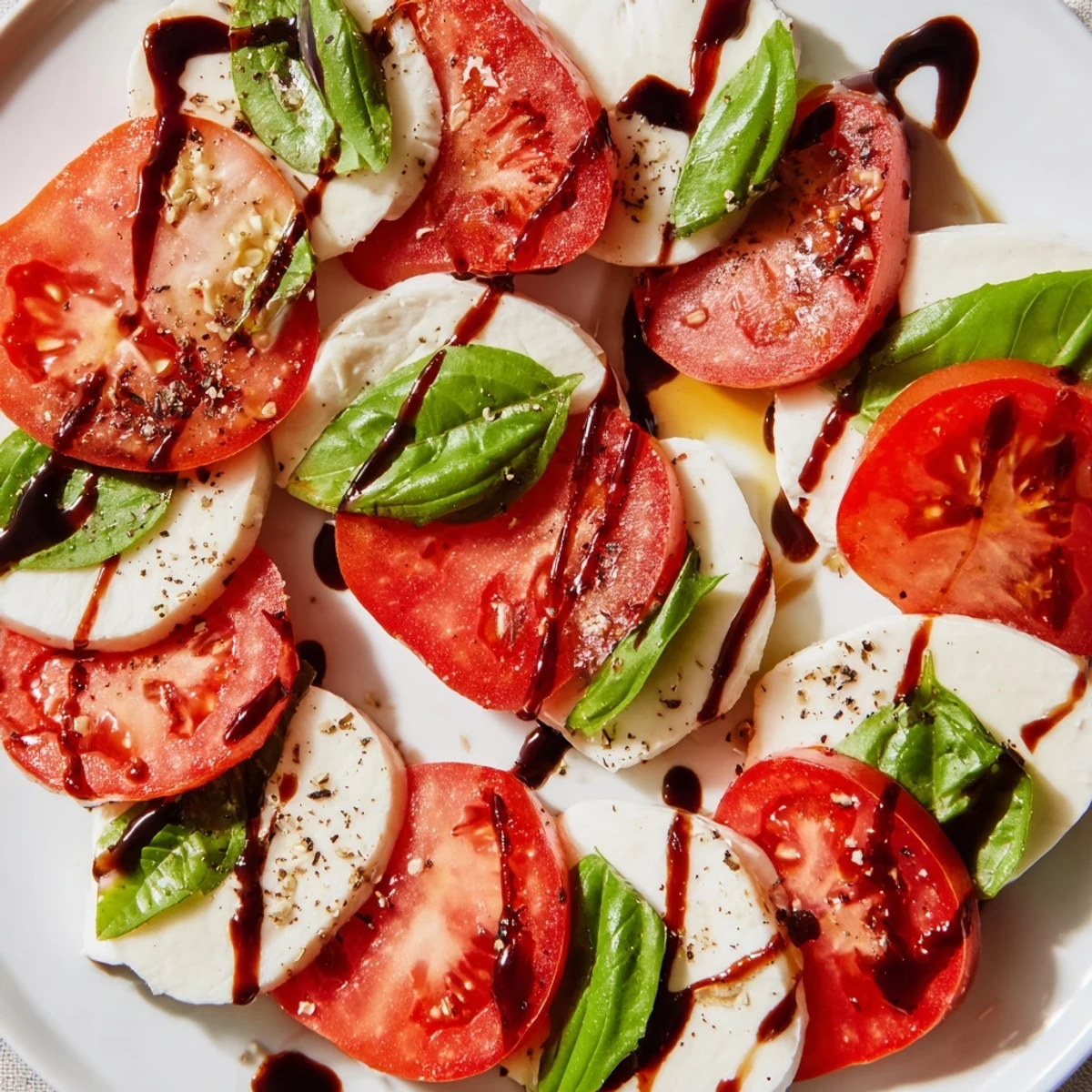 Fresh heart-shaped mozzarella and ripe tomato slices arranged on a platter, drizzled with balsamic glaze and topped with fragrant basil.