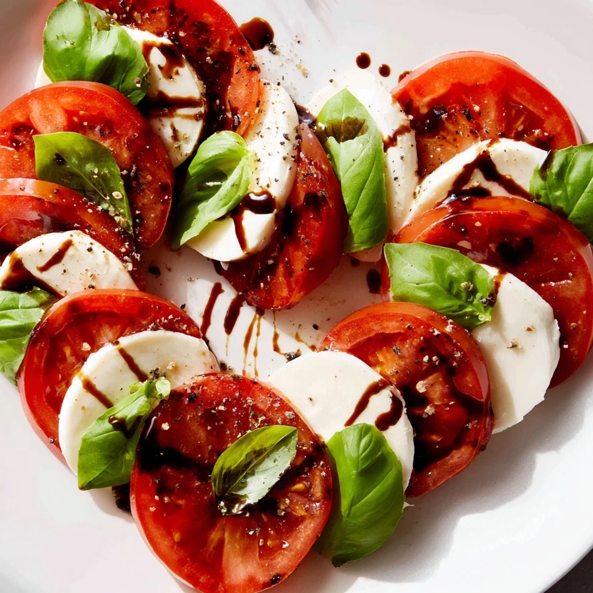A close-up of layered heart-caprese salad with extra virgin olive oil, sea salt, and a sweet tangy balsamic reduction.
