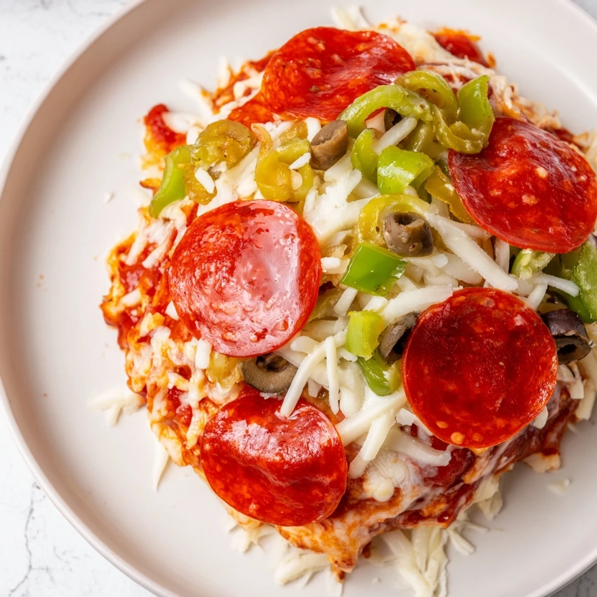 Golden, bubbly Pepperoni Pizza Dip topped with beef pepperoni slices, ready for dipping with crusty bread.  
