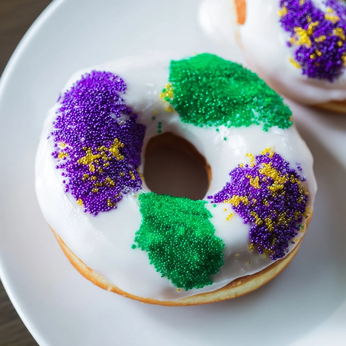 Freshly fried Mardi Gras Donuts glistening with purple, green, and gold sugar sit on a cooling rack.  