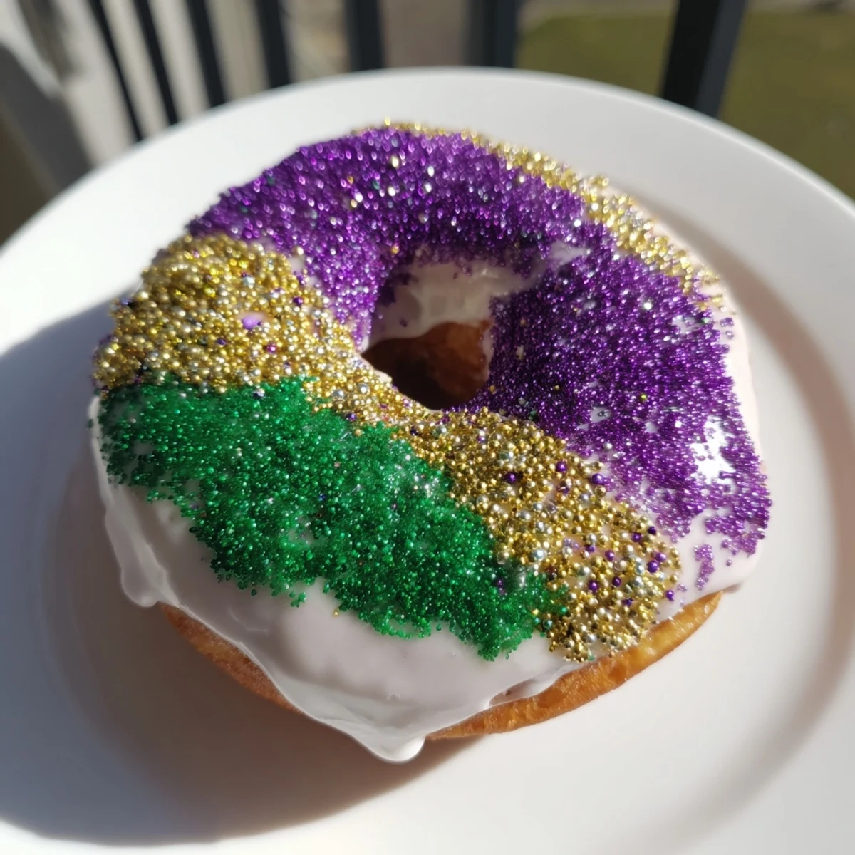 Golden-brown Mardi Gras Donuts piled high, ready to be enjoyed with a cup of chicory coffee.