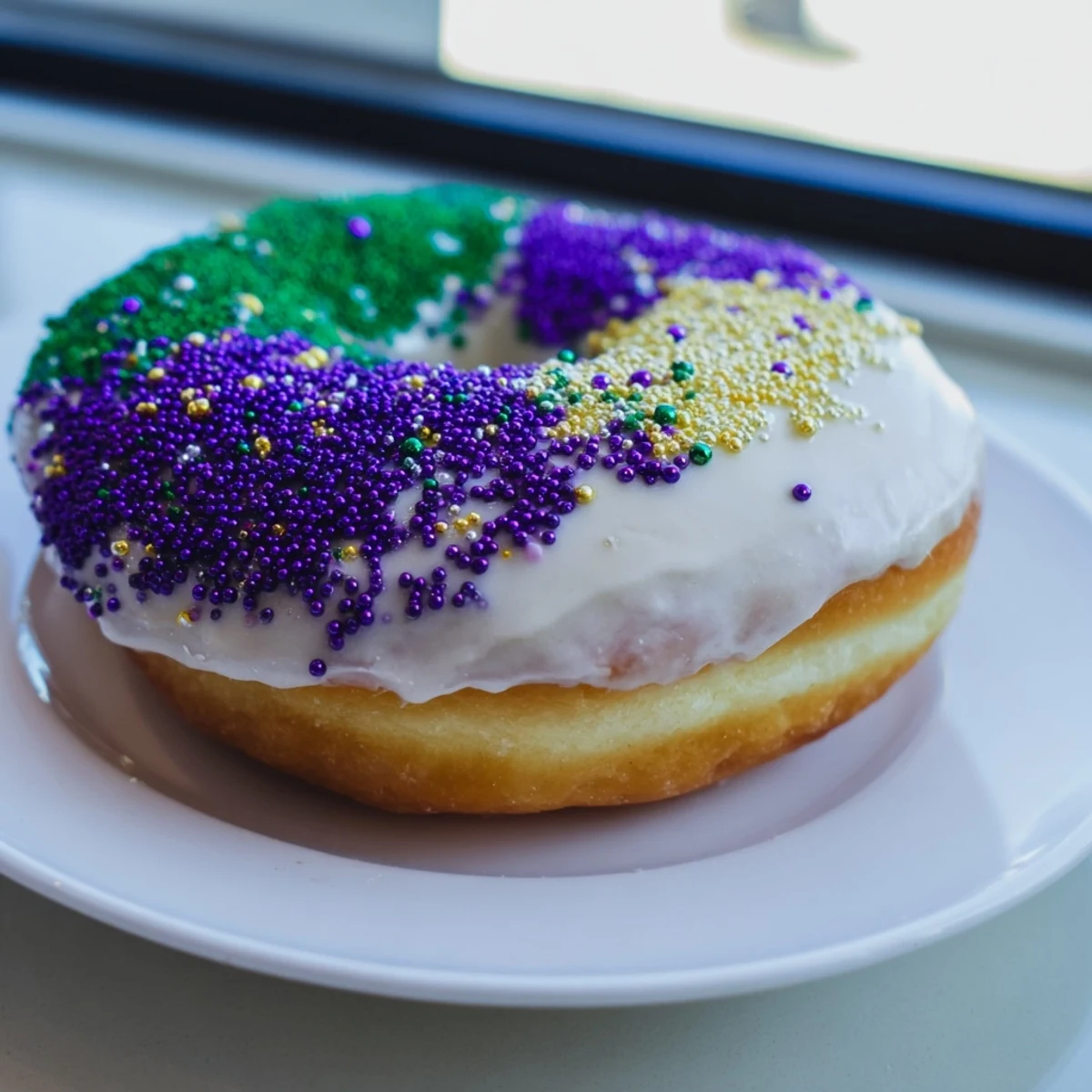 A close-up of warm Mardi Gras Donuts drizzled with vanilla icing and festive colored sugars.  